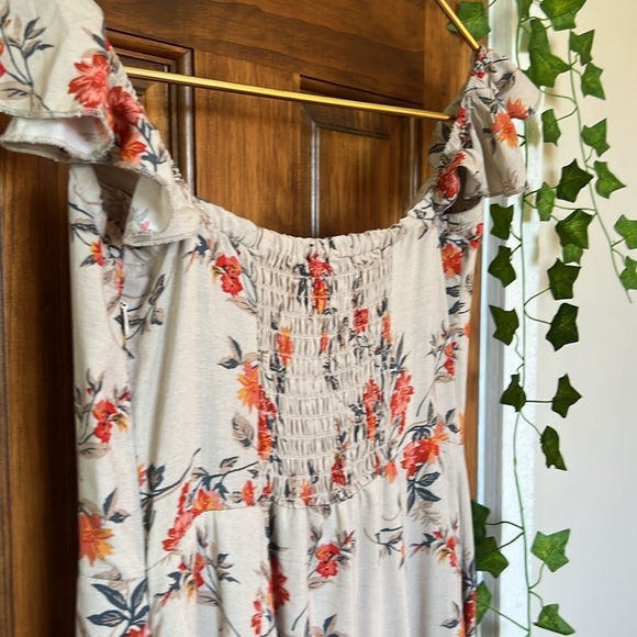 Off the Shoulder Boho Floral Maxi Dress Double Slits in Tan Orange Floral | M - Picture 4 of 10